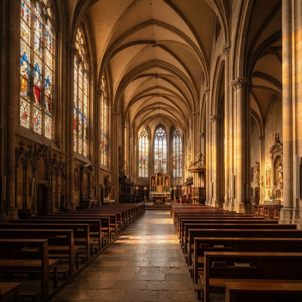 Sunlight streaming through the stained glass windows of a Catholic cathedral